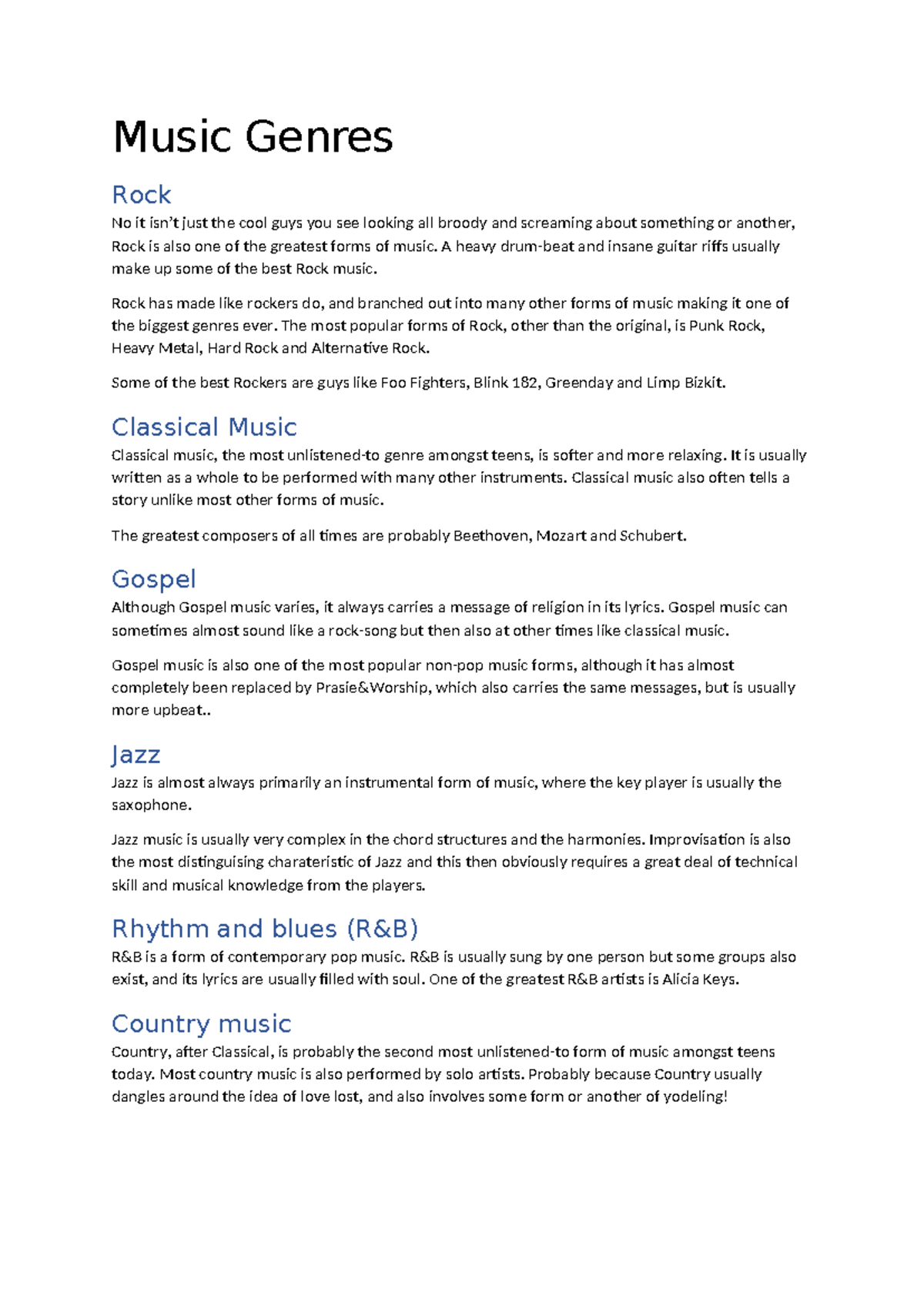 Music Genres 2 - CAT - Music Genres Rock No it isn’t just the cool guys ...