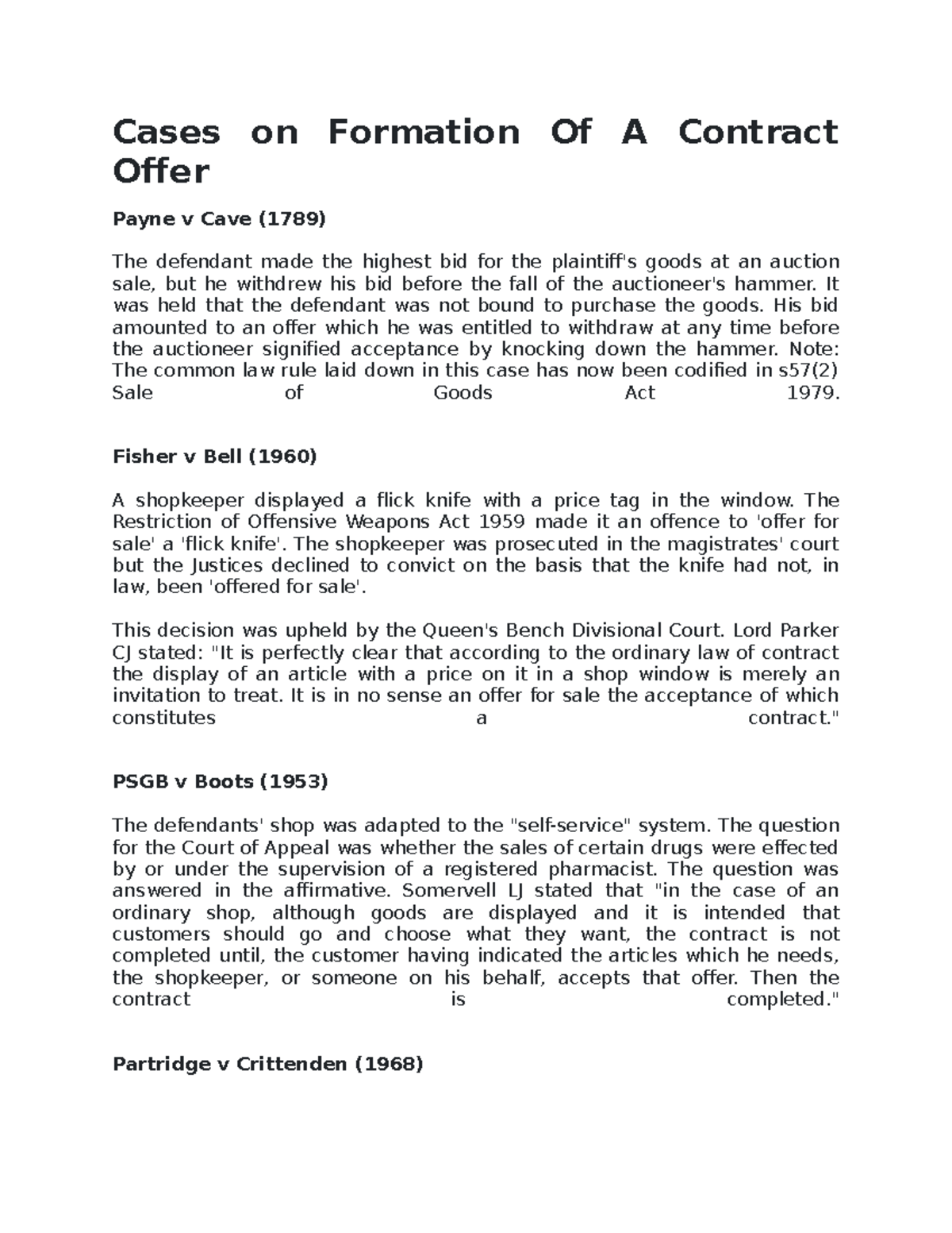 Cases on Contract Offer Cases on Formation Of A Contract Offer Payne