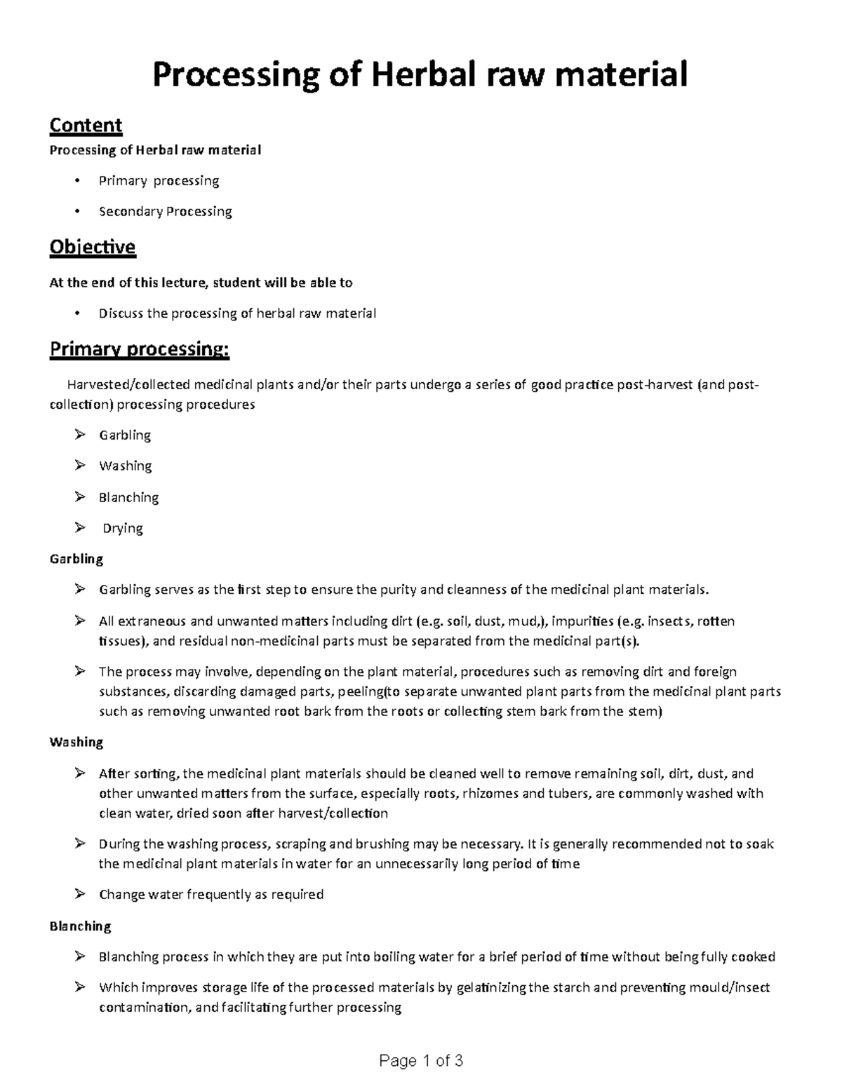 Chapter 14 Processing of Herbal raw material Page 1 of 3 Content