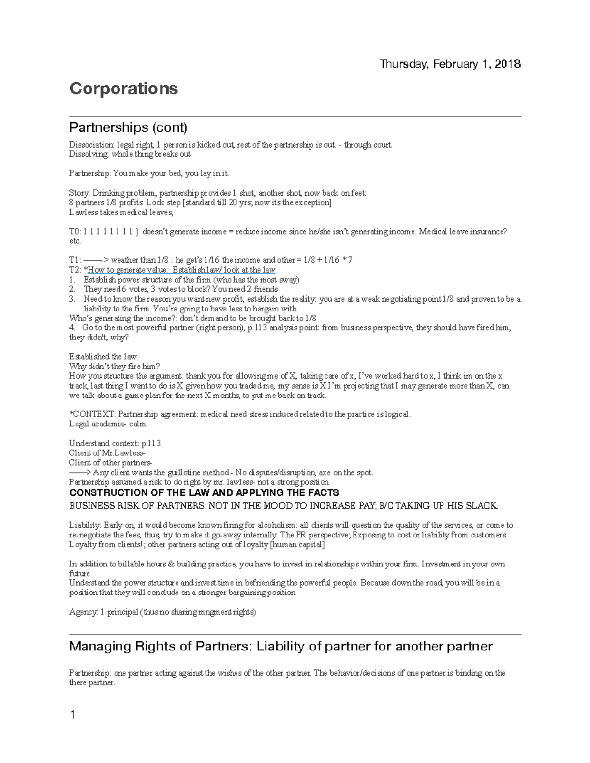 Corp 2 1 - Lecture notes 1 - Thursday, February 1, 2018 Corporations  Partnerships (cont) - StuDocu