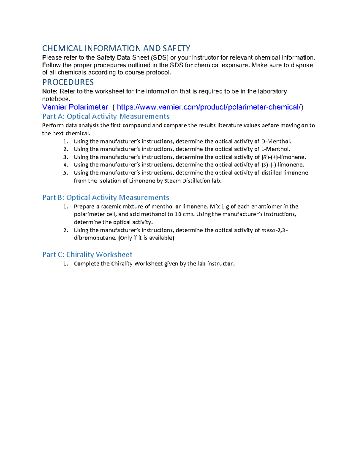 Lemon - LAB - CHEMICAL INFORMATION AND SAFETY Please refer to the ...