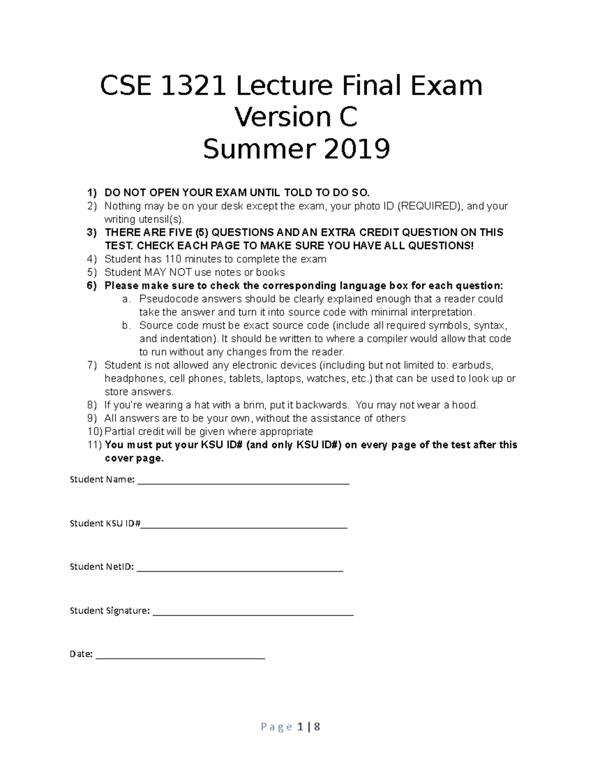 Summer 2019 - Final Exam C - CSE 1321 Lecture Final Exam Version C ...