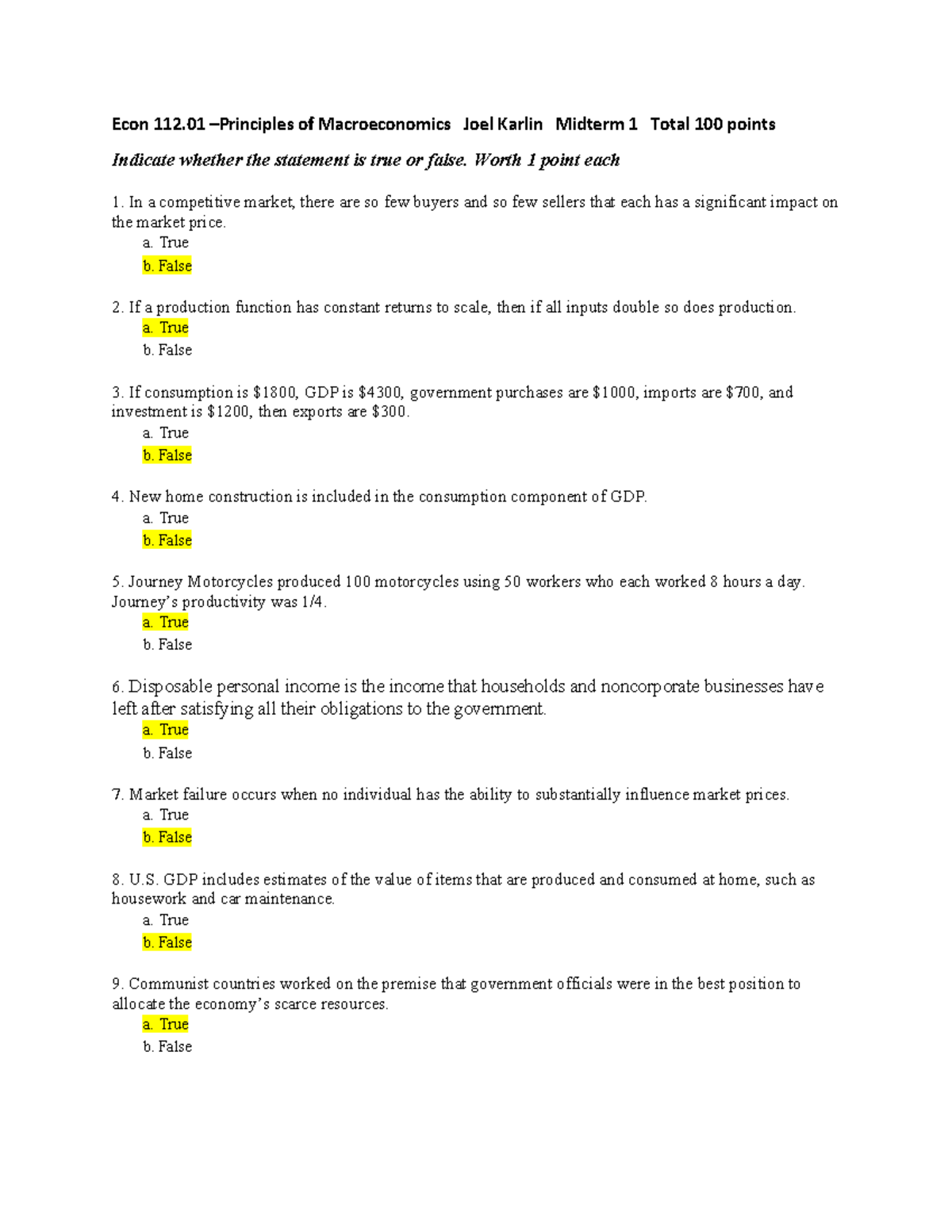 Midterm 1 - Econ 112 –Principles Of Macroeconomics Joel Karlin Midterm ...