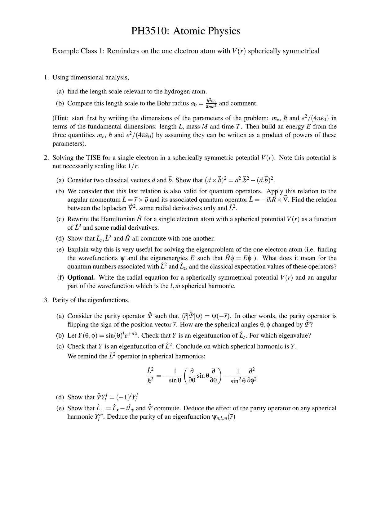 Ex Cl Week1 21 Example Class Week 1 Ph3510 Atomic Physics Example Class Studocu