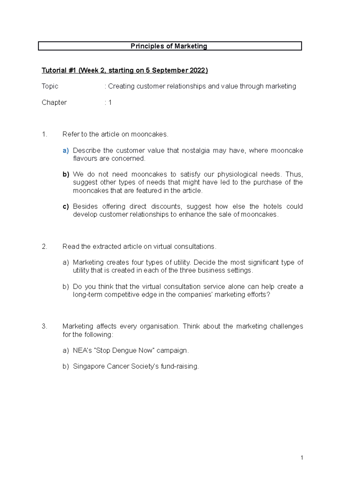 Marketing Tutorial 1 Questions - Principles of Marketing Tutorial #1 ...