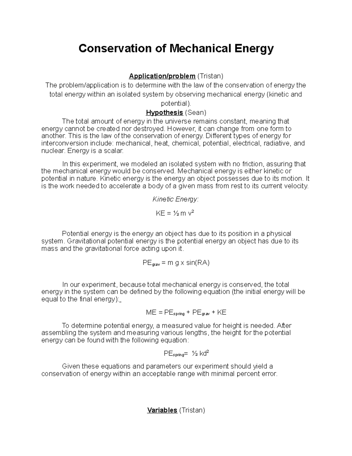 conservation of mechanical energy equation