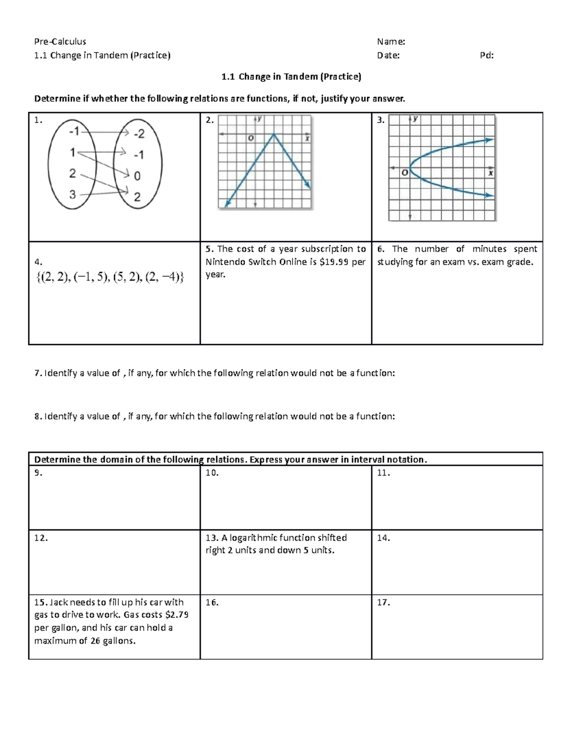 1.1 Practice - Pre-Calculus Name: 1 Change in Tandem (Practice) Date ...