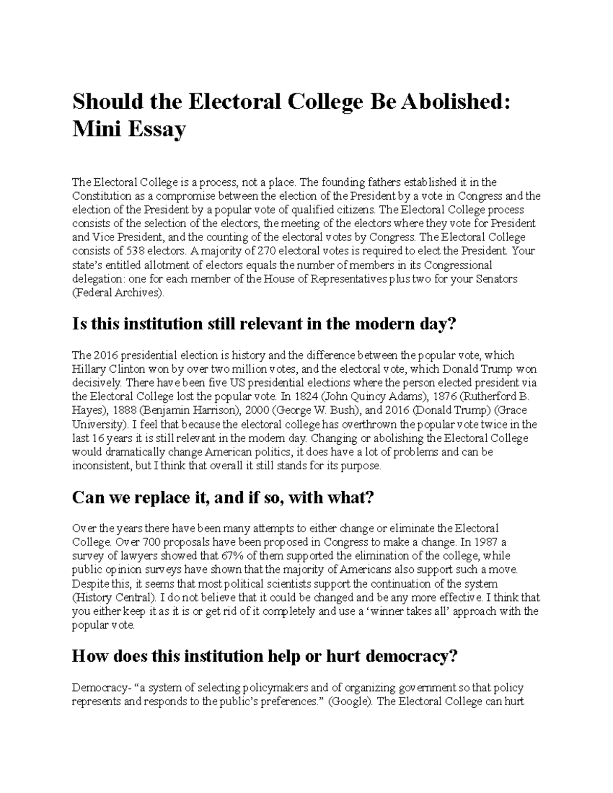 should the electoral college be abolished essay ap gov