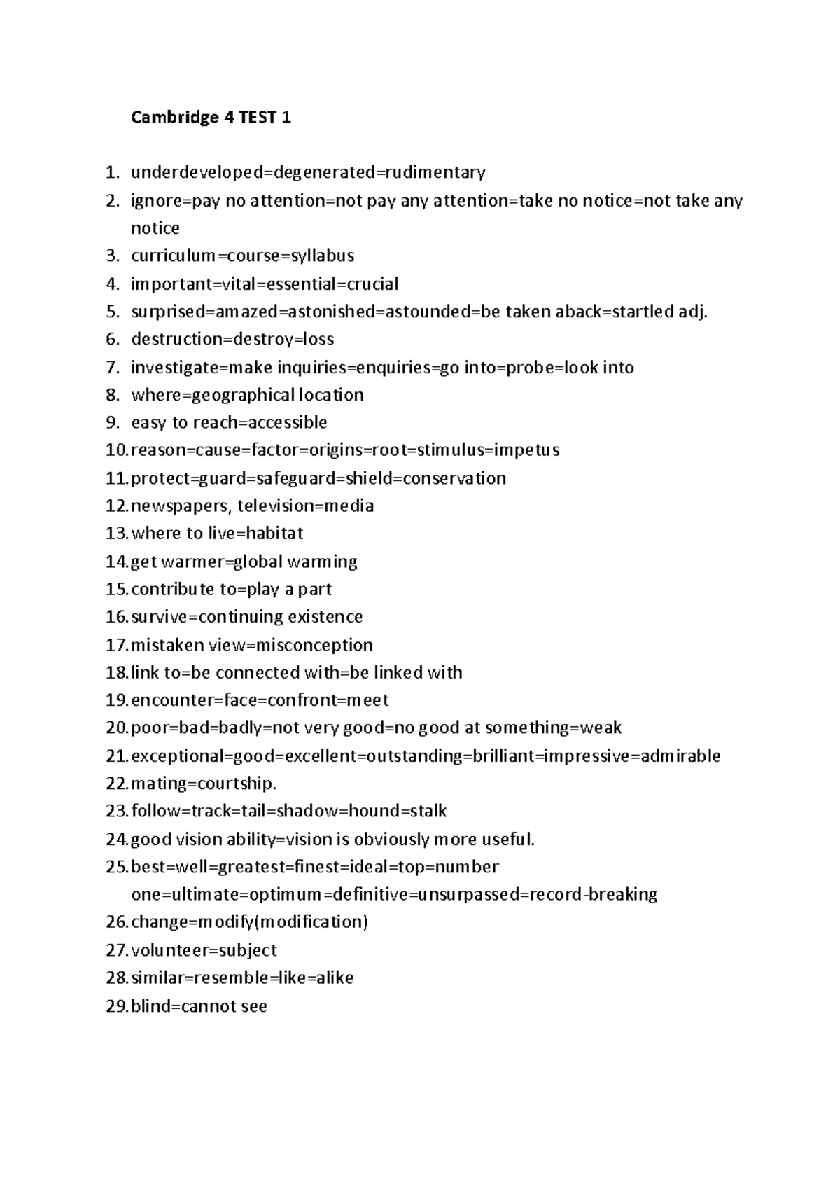 Danh sach cac synonyms trong Ielts Cam 46 Cambridge 4 TEST 1 Studocu