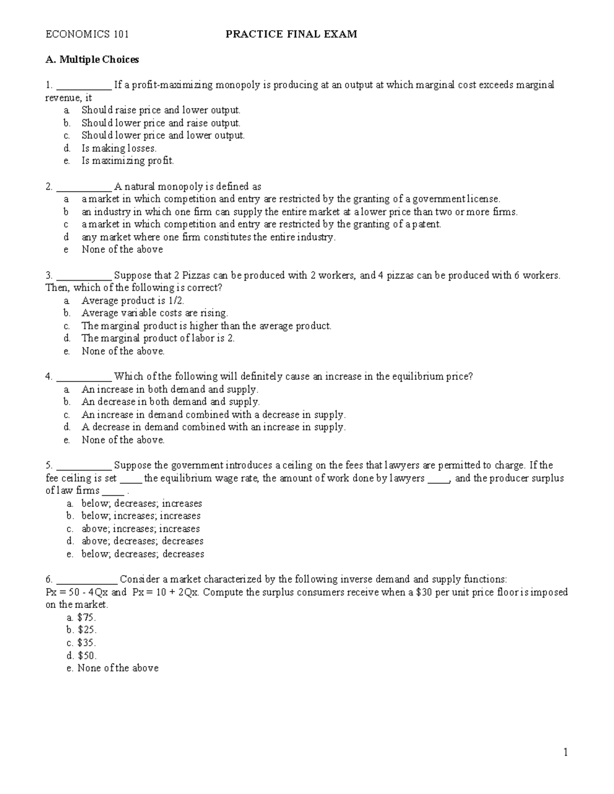 Practice Final For Final - ECONOMICS 101 PRACTICE FINAL EXAM A ...