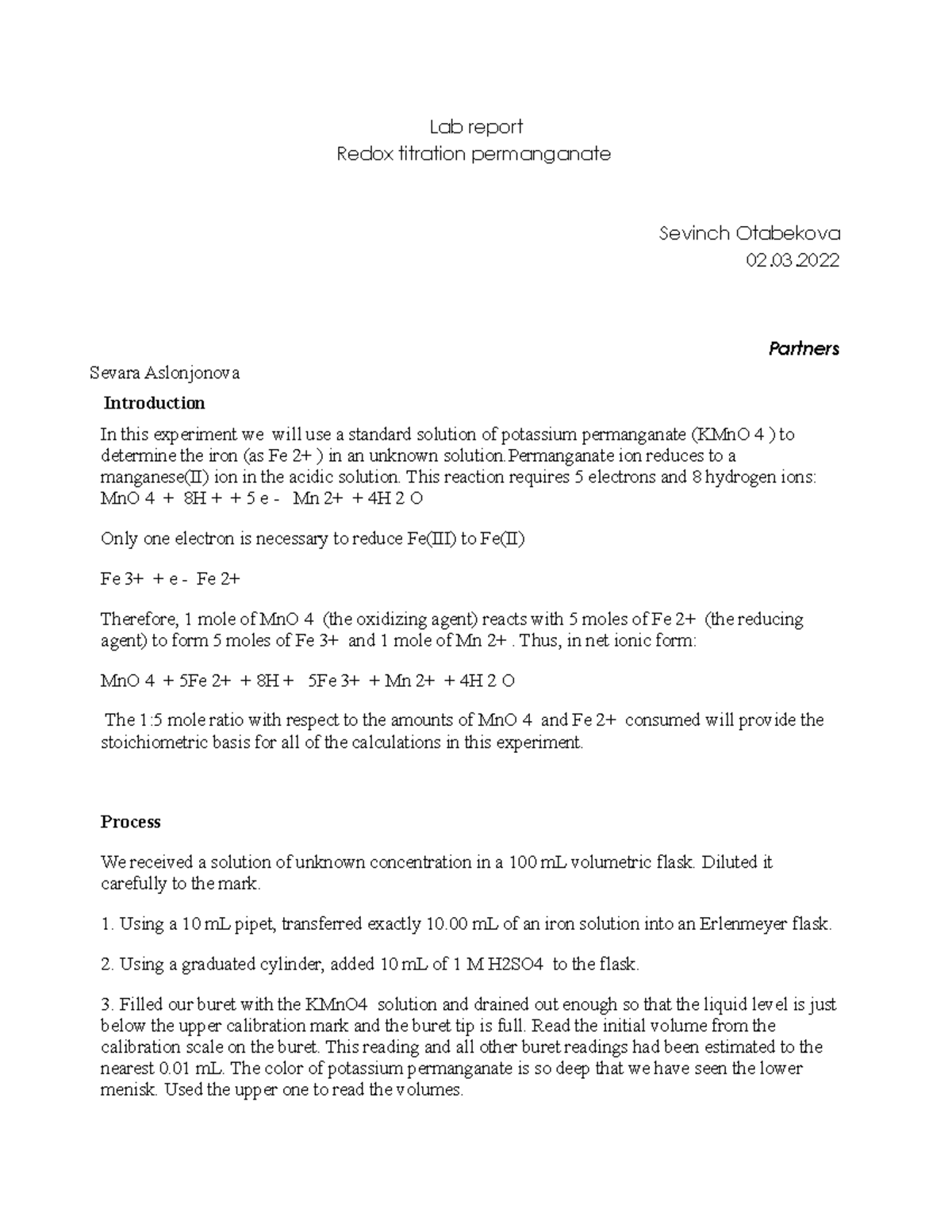 Lab titration Redox titration permanganate Lab report Redox titration