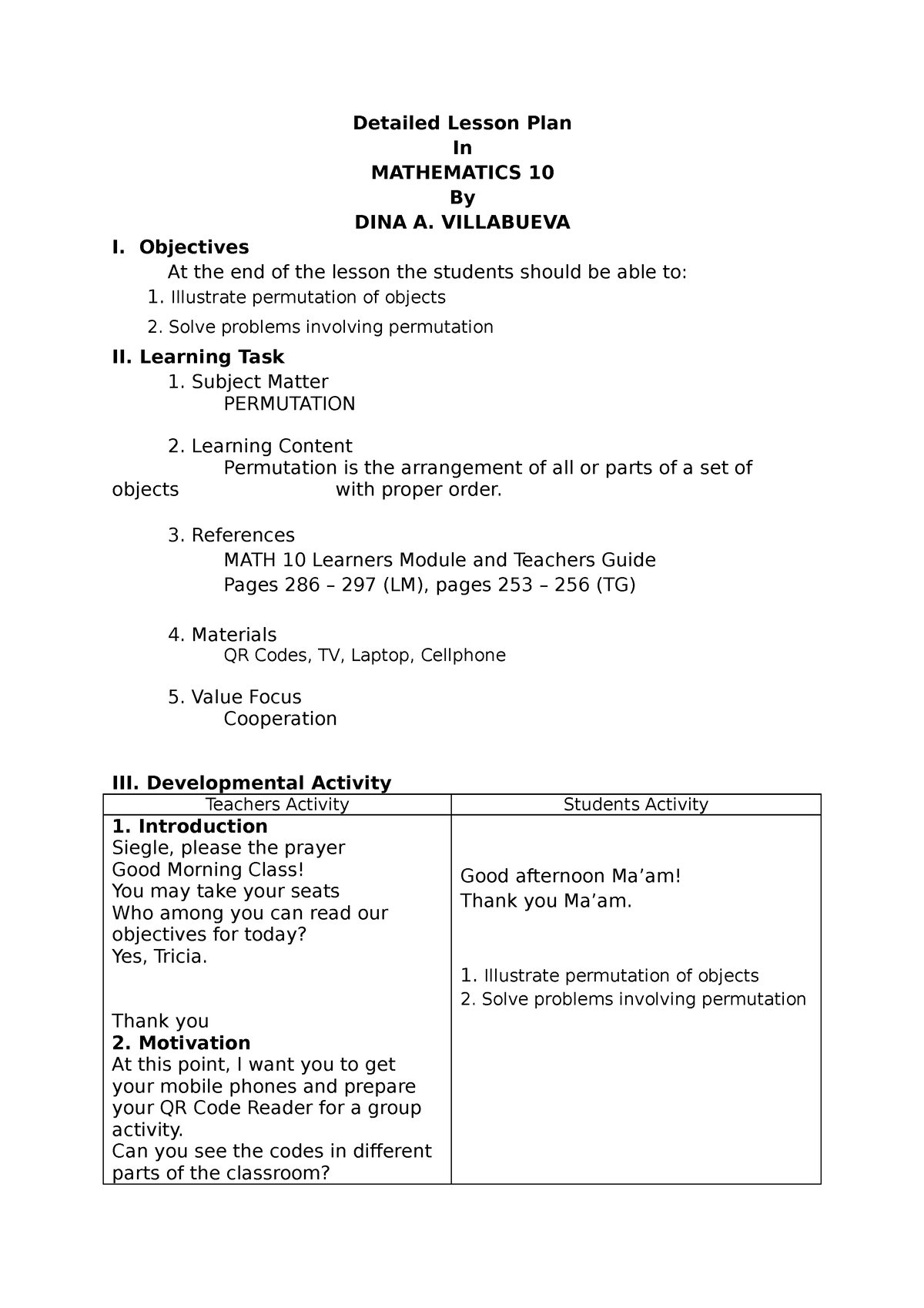 Detailed Lesson Plan In Mathematics 10 1 Detailed Lesson Plan In 