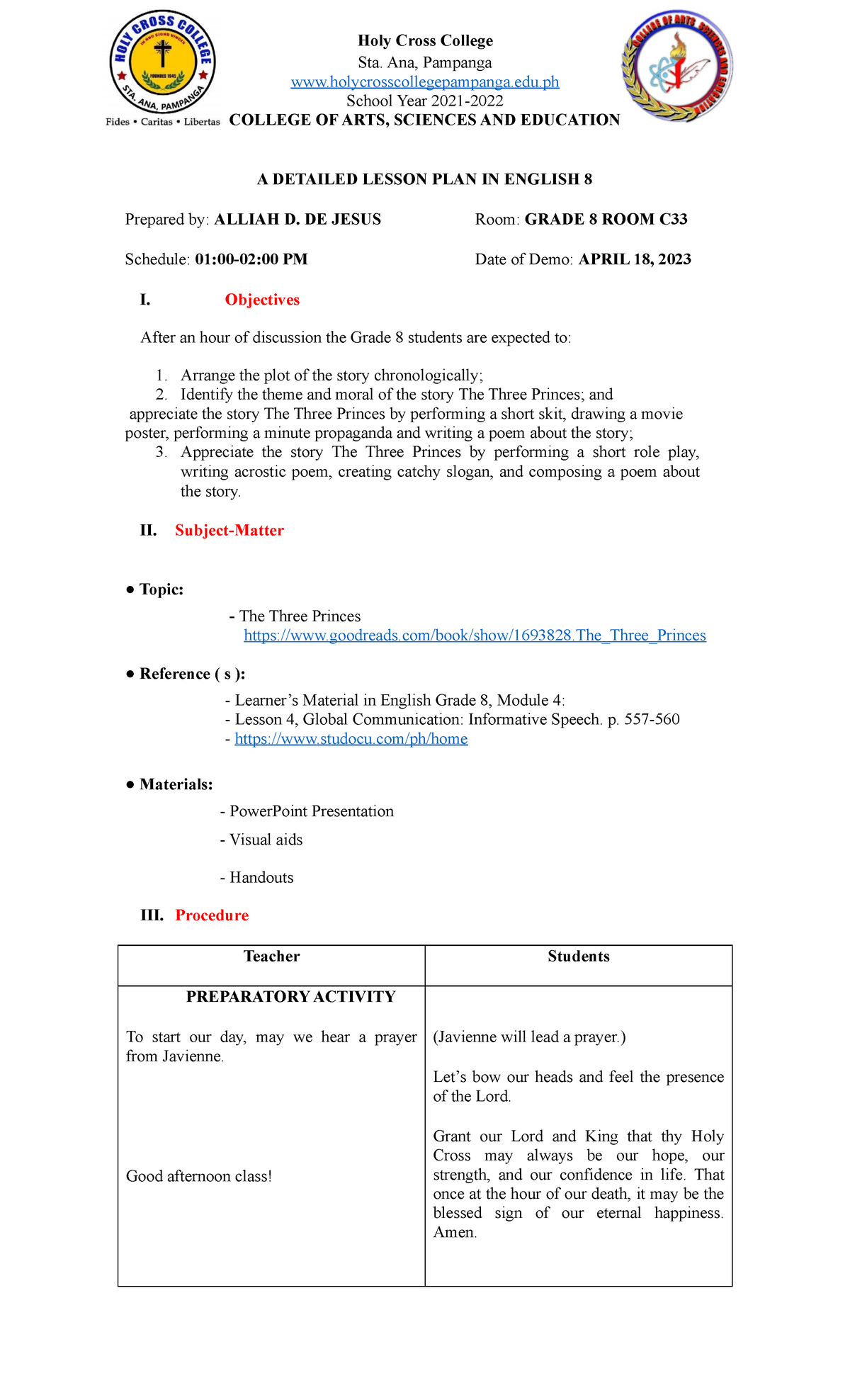 Detailed Lesson Plan Grade 8 Sta Ana Pampanga School Year 2021