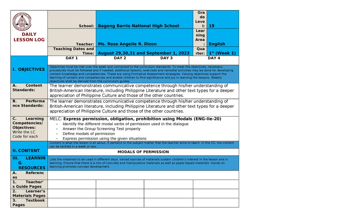 English 9 DLL Q1 W1 - Lesson Plan - DAILY LESSON LOG School: Bagong ...