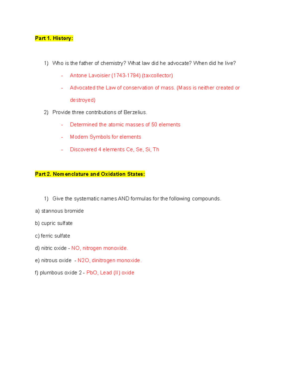 Chm 1045 Exam 1 Review 21021 Part 1 History Who Is The Father Of Chemistry What Law Did 9289