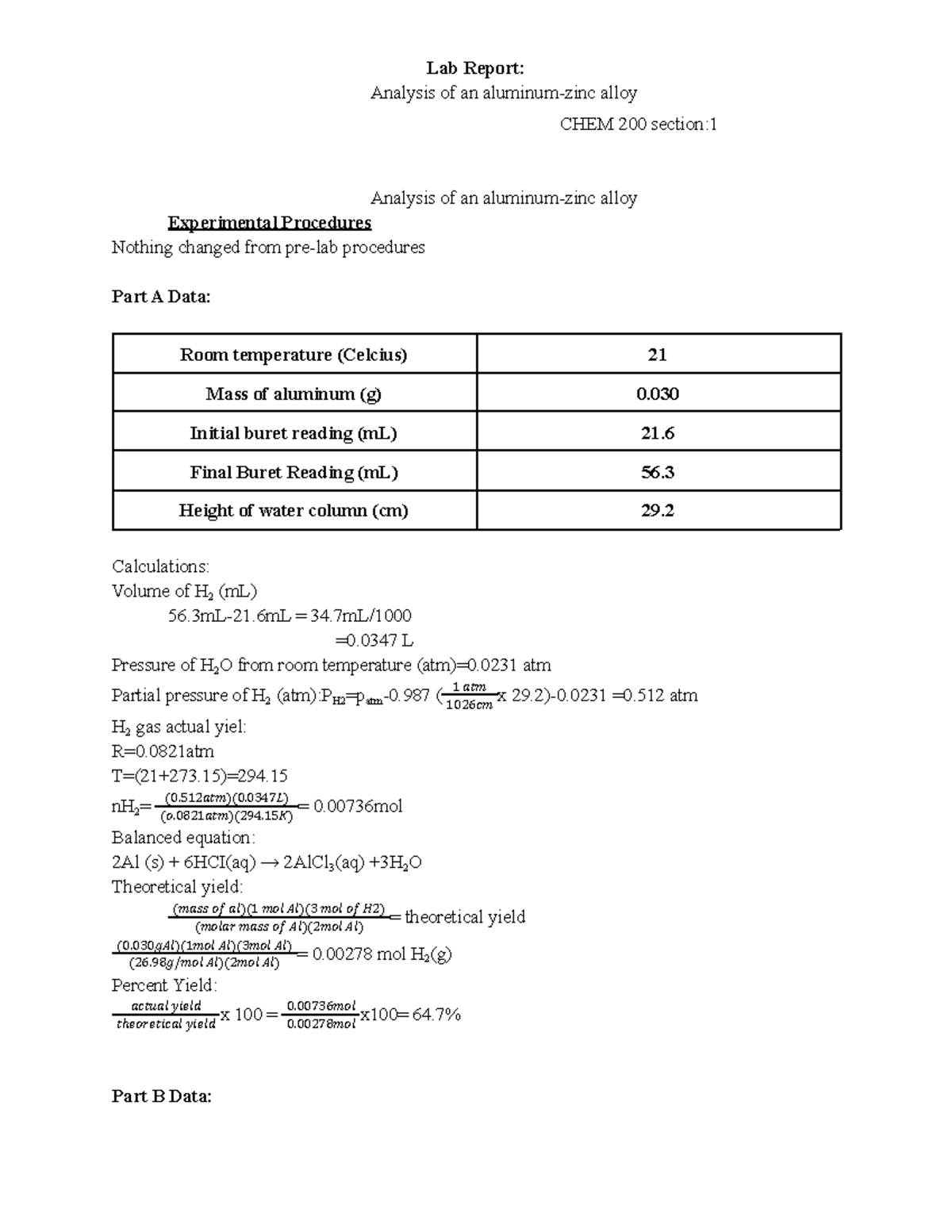 Lab Report 9 Analysis of an aluminumzinc alloy Lab Report Analysis
