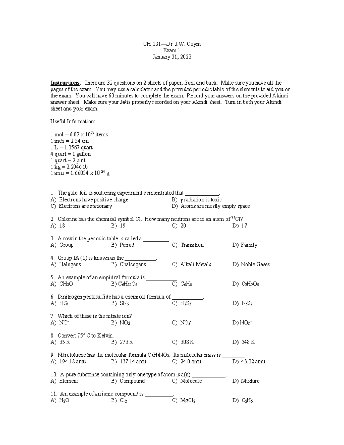 Hour+Exam+1 - Exam - CH 131—Dr. J. Coym Exam 1 January 31, 2023 ...