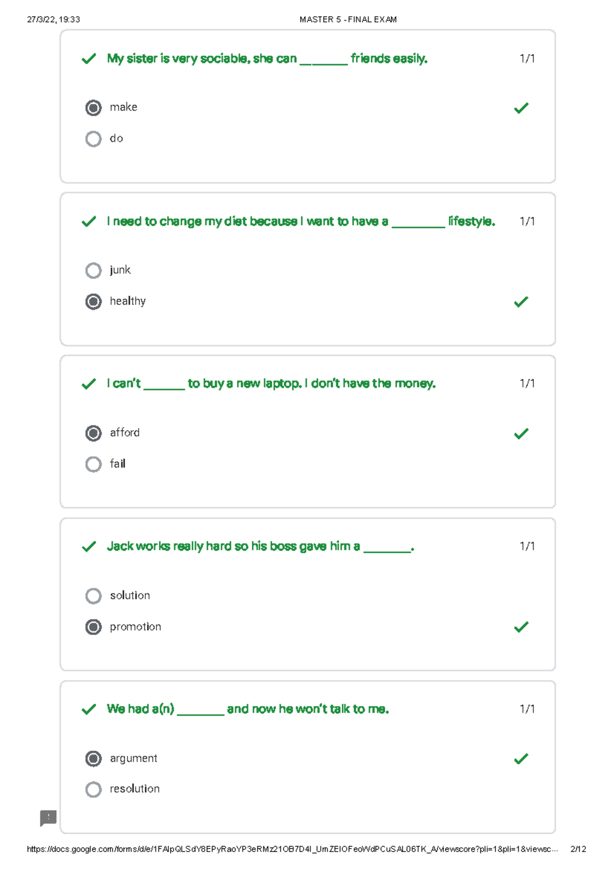 Master 5 Final EXAM INGLES EXAMEN 1/ make do 1/ junk healthy 1