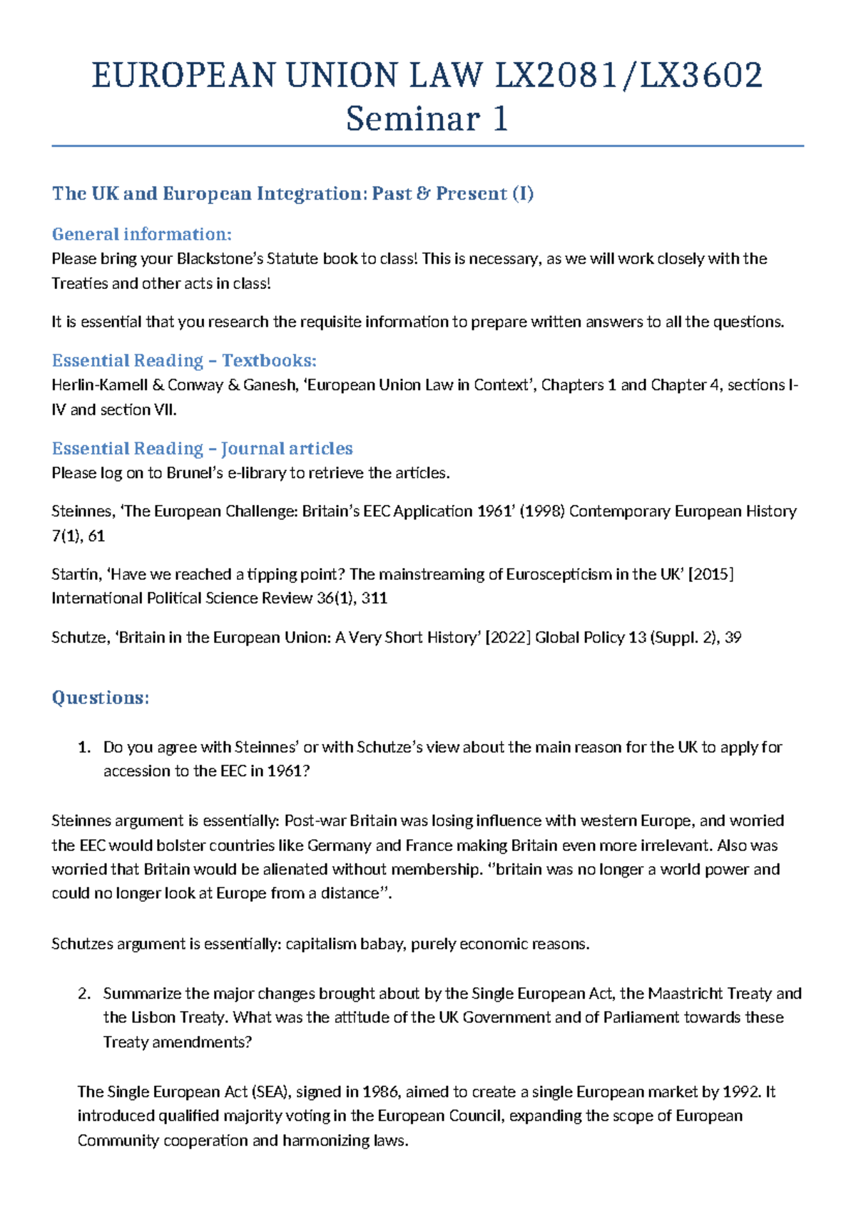 EU Seminar 1 Completed NEED TO Print - EUROPEAN UNION LAW LX2081/LX ...