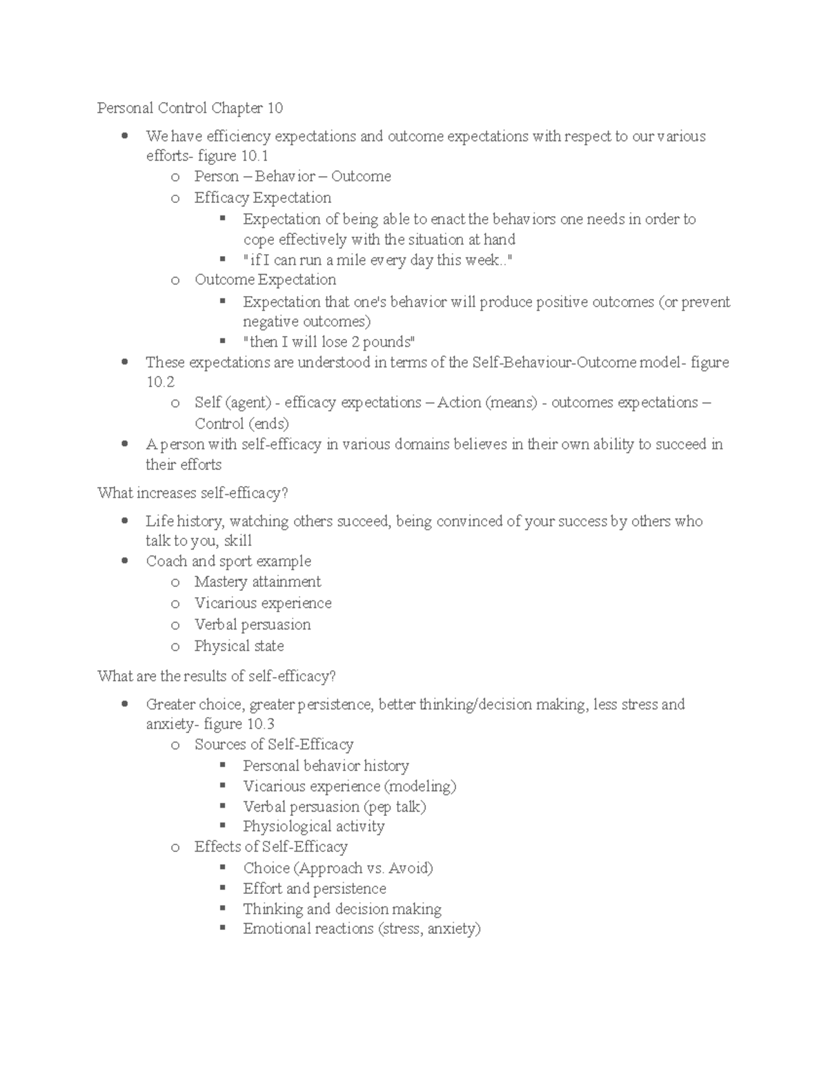 Personal Control Chapter 10 - o Person – Behavior – Outcome o Efficacy ...