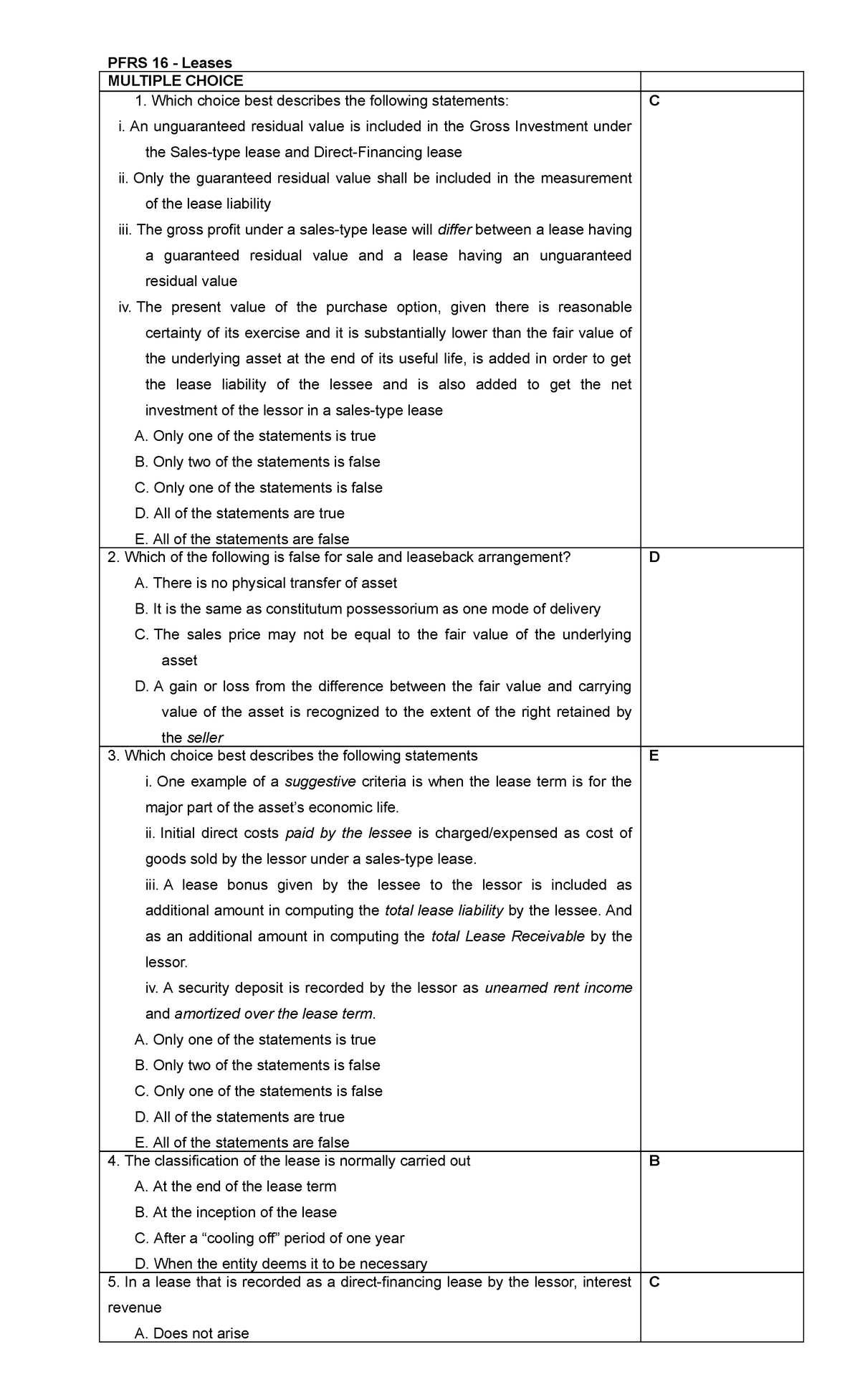 PFRS 16 Leases Past Exam - PFRS 16 - Leases MULTIPLE CHOICE Which ...