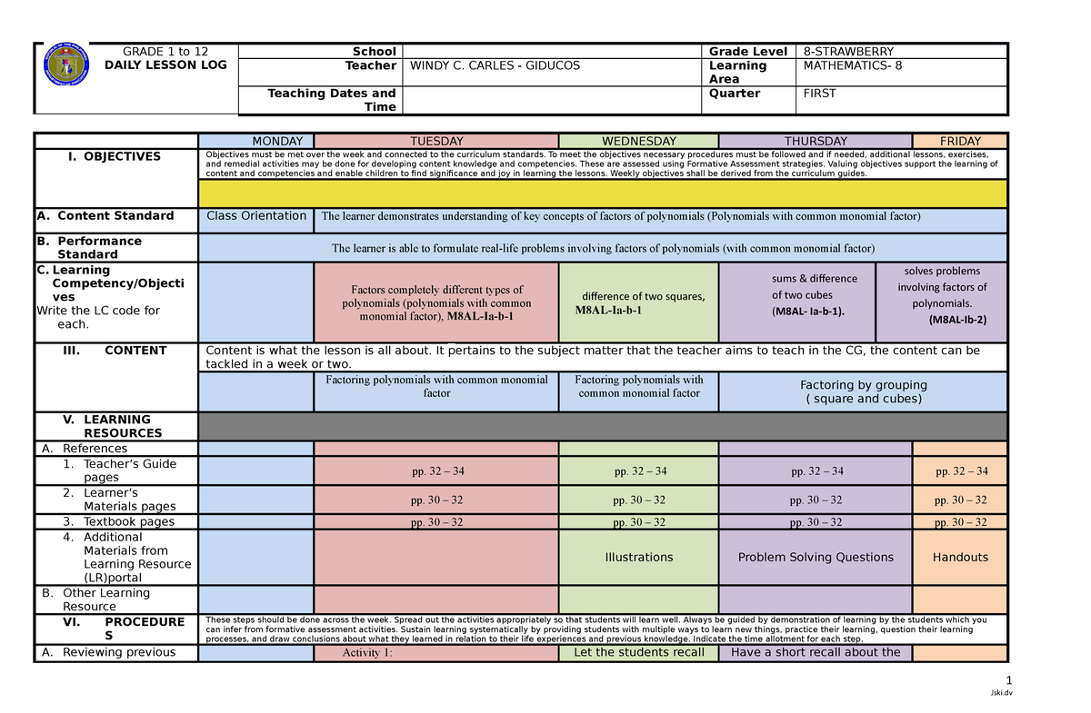 DLL MATH W1 - Daily Lesson Log Of Mathematics -8 - GRADE 1 To 12 DAILY ...