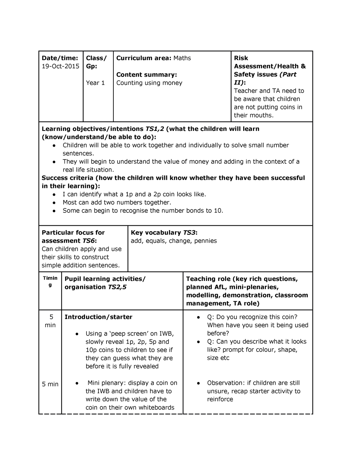 Lesson Plan For Ks1 Maths Couting And Money Datetime 19 Oct 2015 Class Gp Year 1 4640