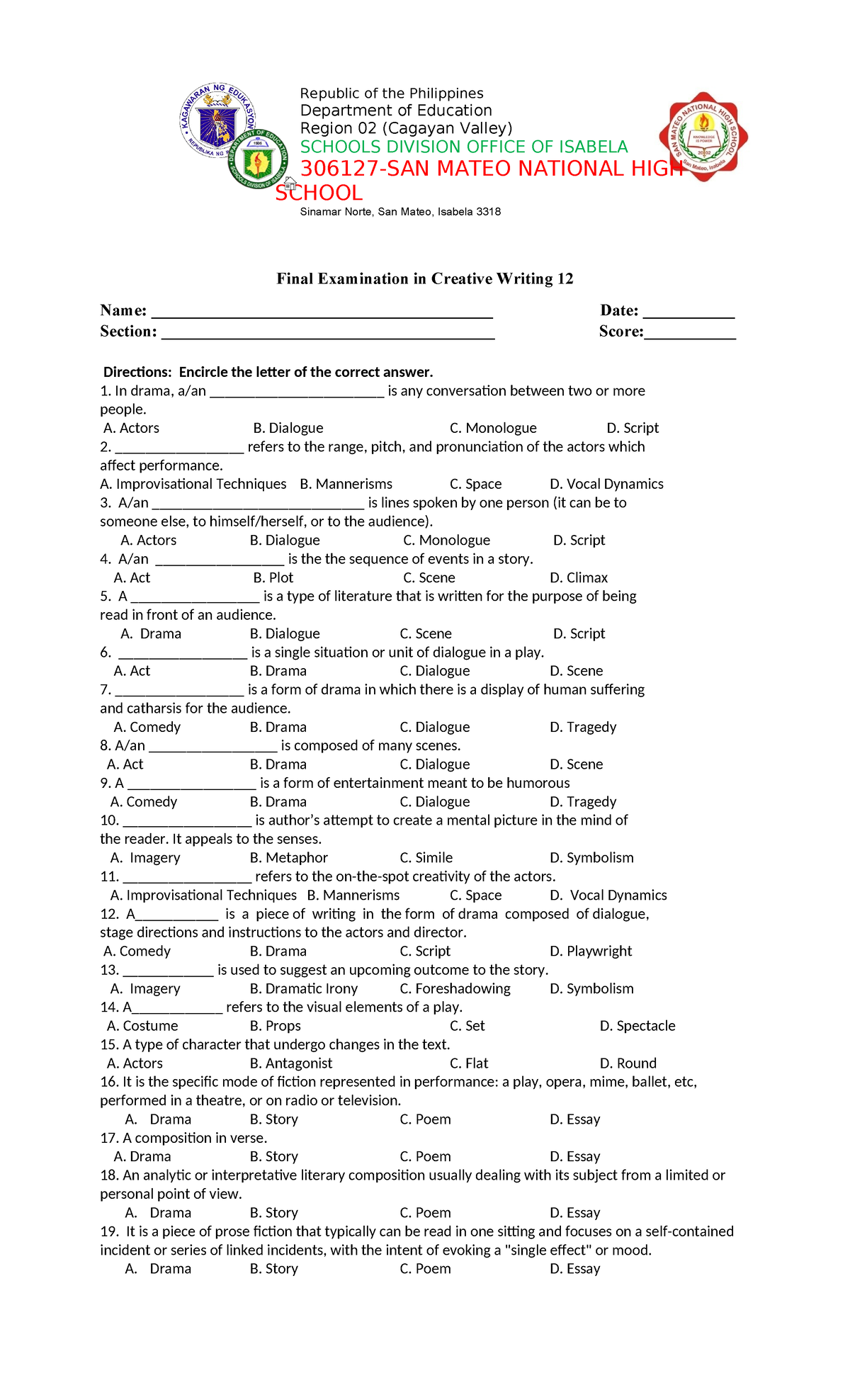 CW Final Exam - For reference only - Republic of the Philippines ...