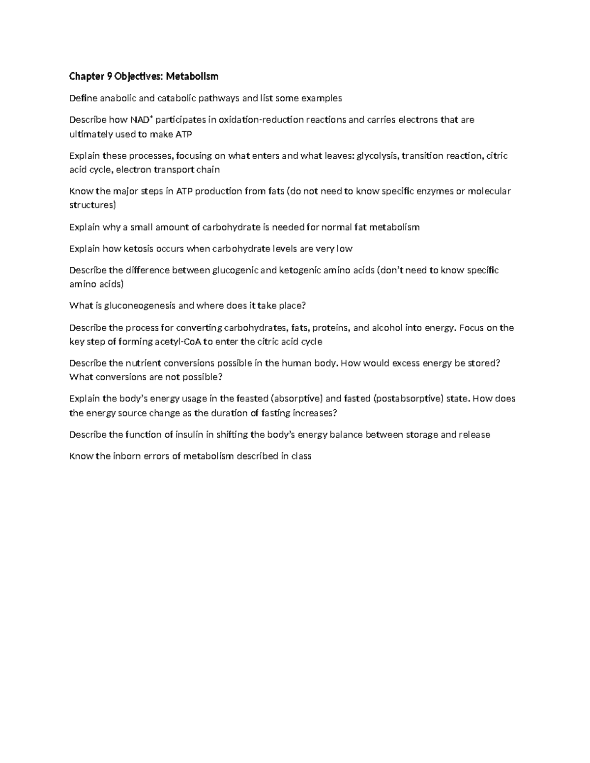 Chapter 9 Objectives - Chapter 9 Objectives: Metabolism Define anabolic ...