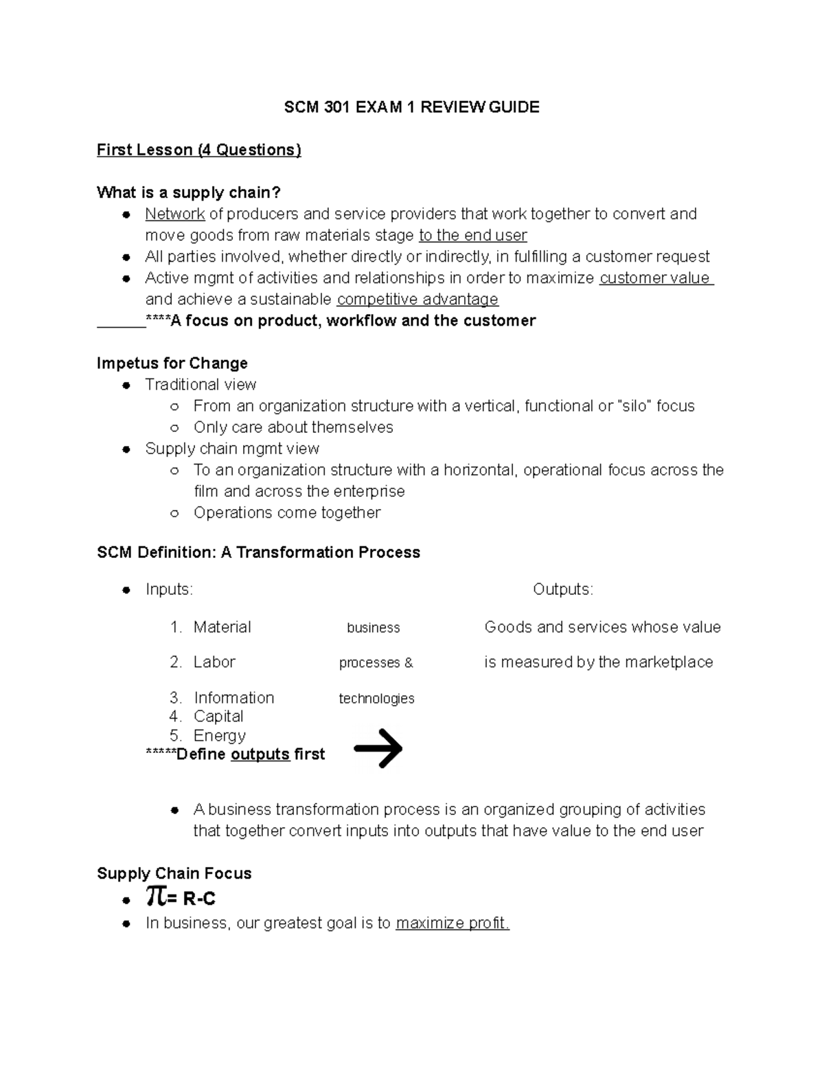 Scm 301 Exam 1 Study Guide - SCM 301 EXAM 1 REVIEW GUIDE First Lesson ...