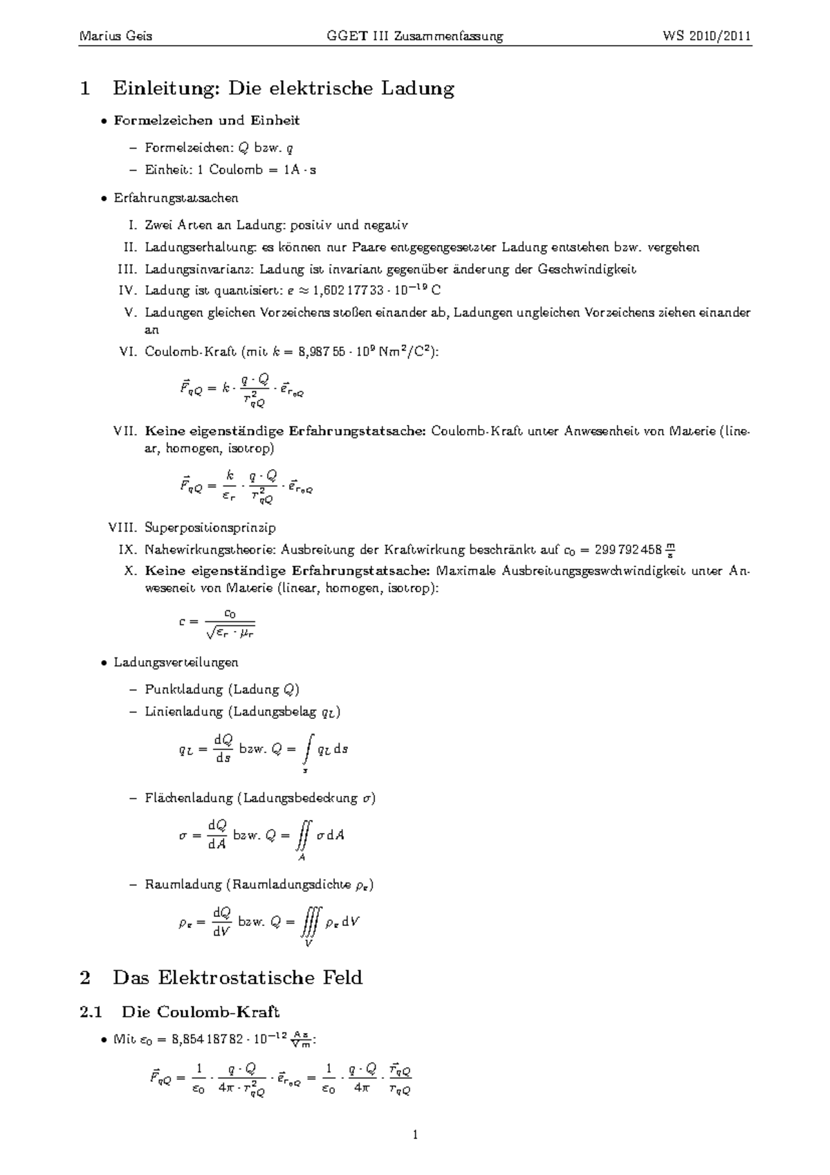 GGET3 - Zusammenfassung - 1 Einleitung: Die Elektrische Ladung ...