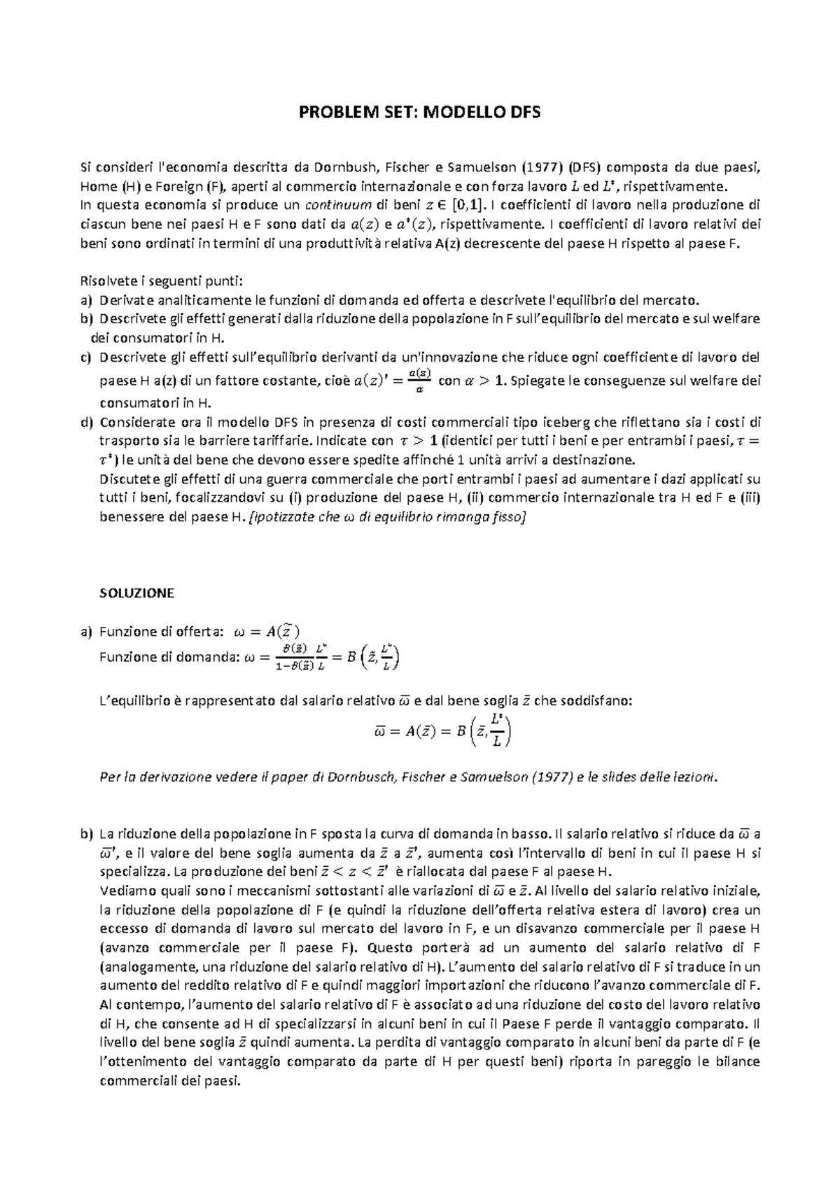Problem Set DFS - PROBLEM SET: MODELLO DFS Si consideri l'economia ...