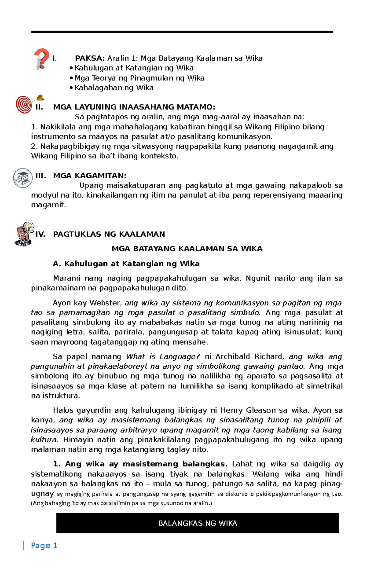 Wika - tungkol sa intro ng wika - I. PAKSA: Aralin 1: Mga Batayang ...
