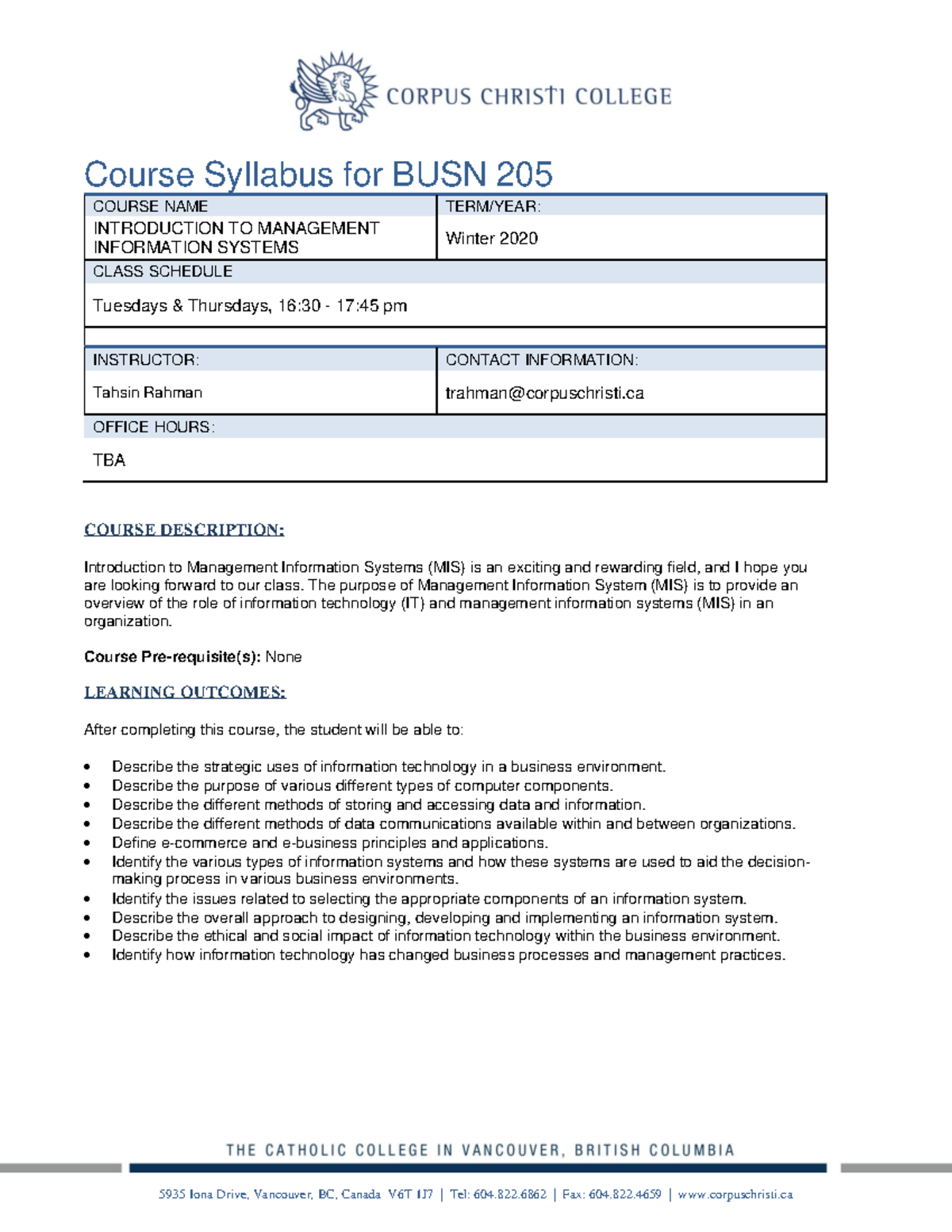 BUSN205 CCC - Syllabus - Course Syllabus For BUSN 205 COURSE NAME TERM ...