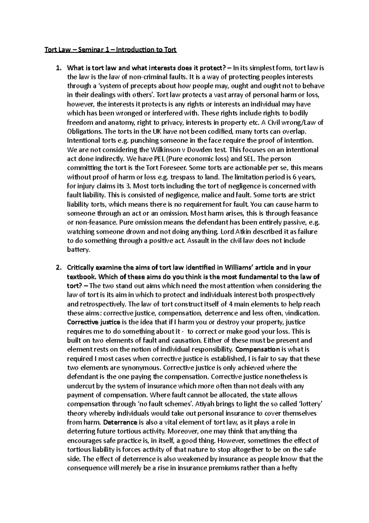 Tort Law Seminar 1 Tort Law Seminar 1 Introduction To Tort What