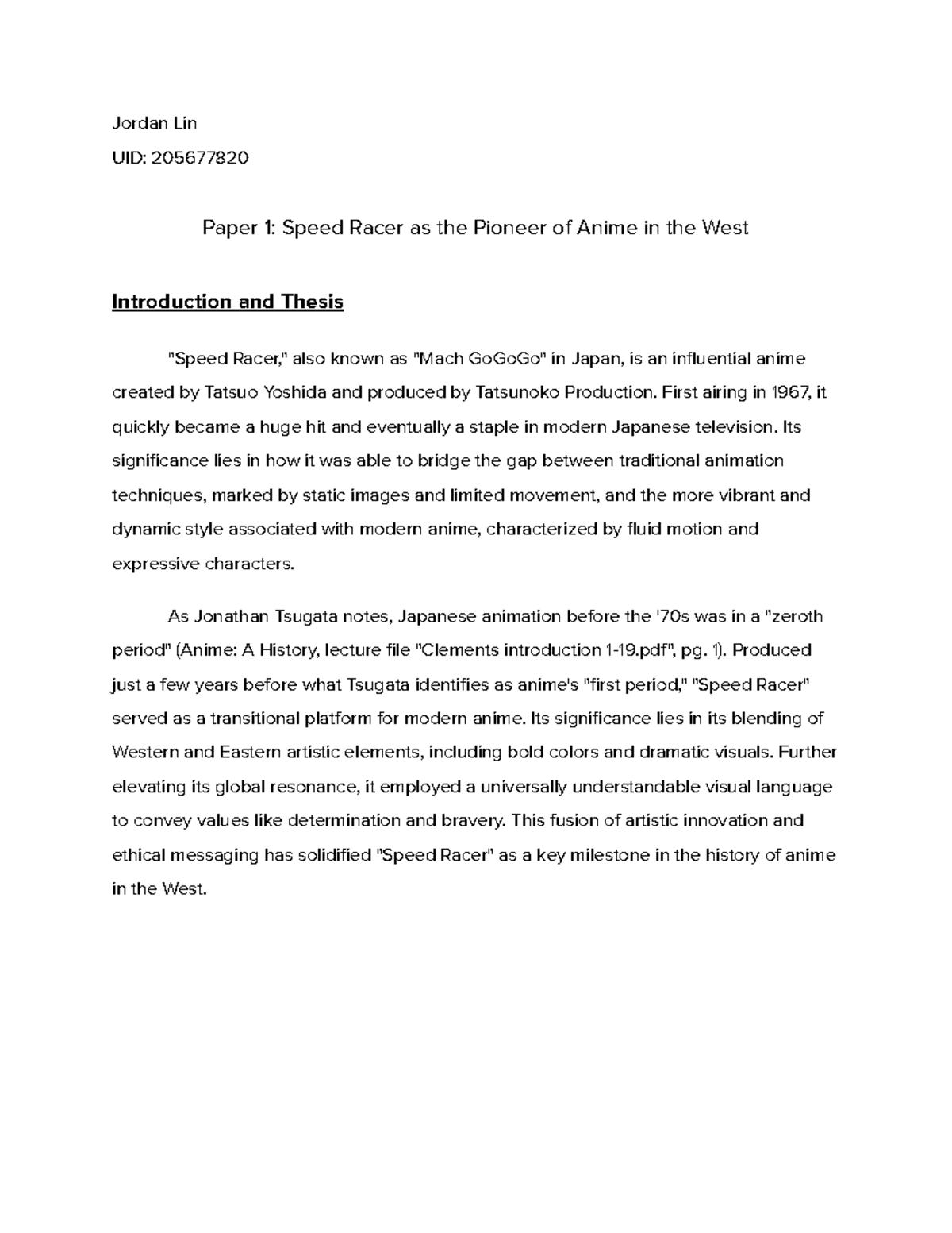 Paper 1 Speed Racer as the Pioneer of Anime in the West-1 - Jordan Lin ...