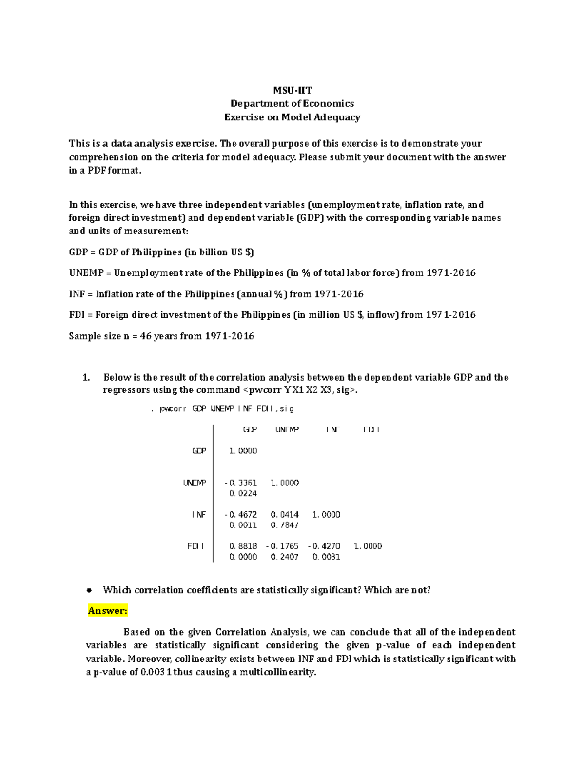 MSU-IIT (Economics) Exercise on model adequacy - MSU-IIT Department of ...