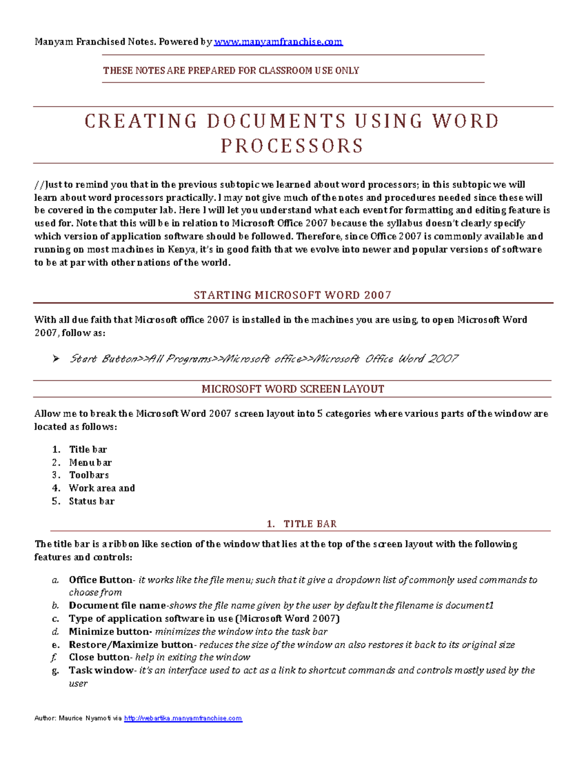 Creating documents using word processor - THESE NOTES ARE PREPARED FOR ...