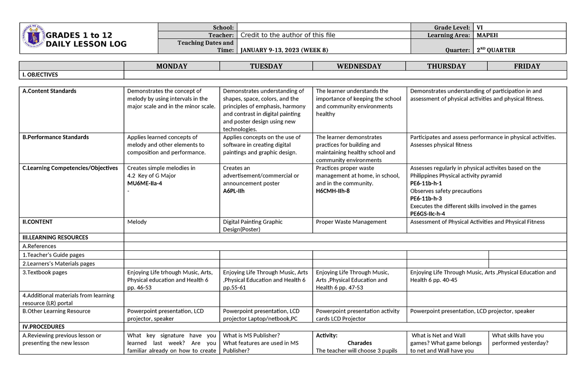 DLL Mapeh 6 Q2 W8 - Lesson Plan - GRADES 1 to 12 DAILY LESSON LOG ...