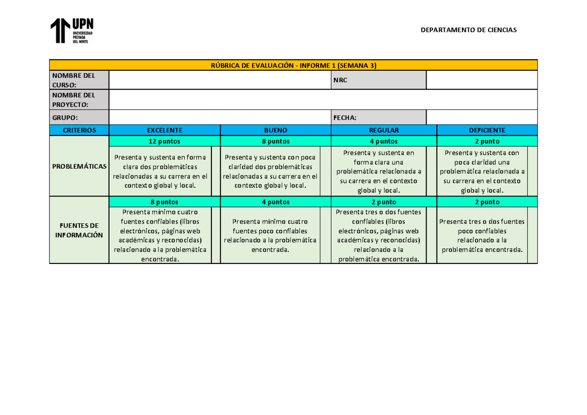 Rúbrica DE Evaluación - INF 1 - DEPARTAMENTO DE CIENCIAS R⁄BRICA DE ...