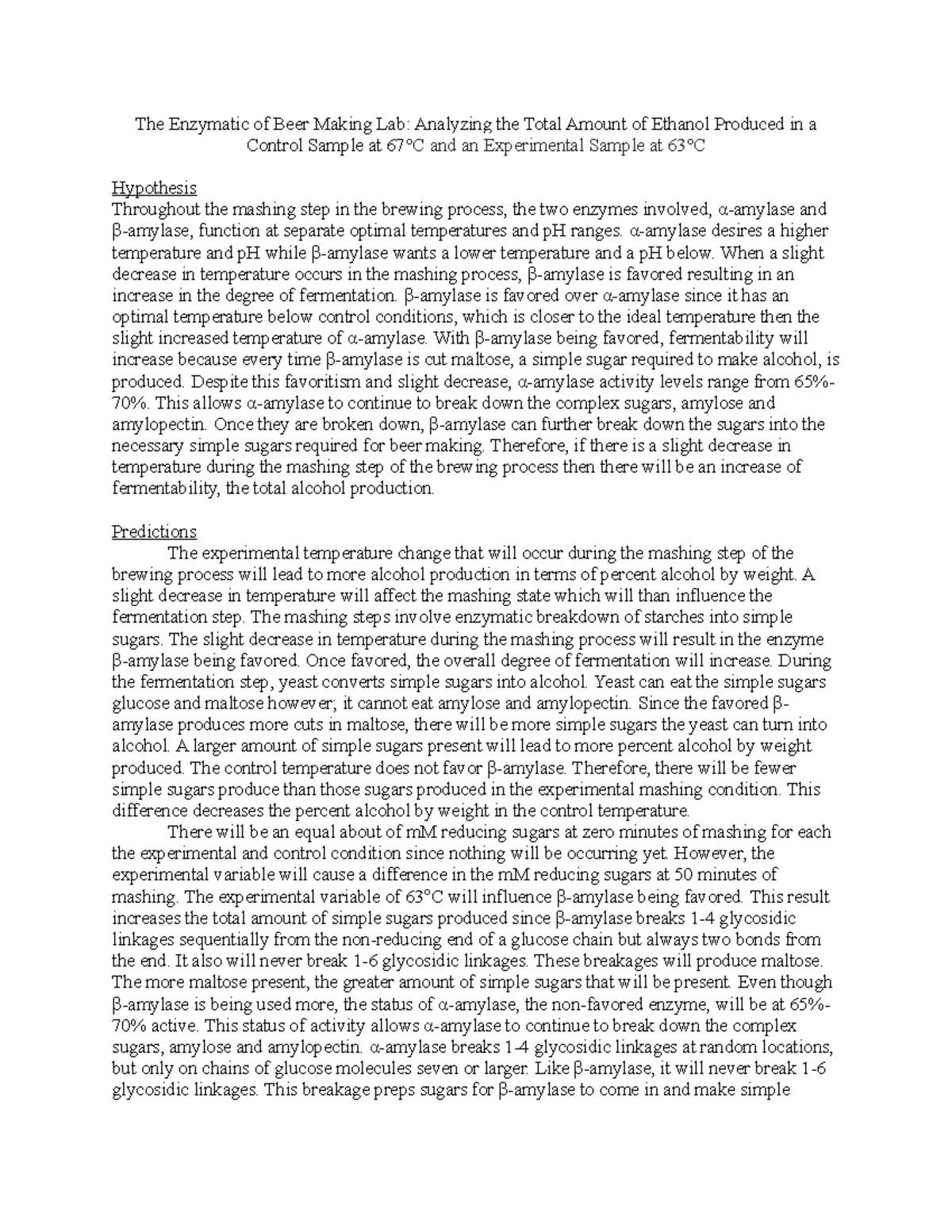 Beer Me Results The Enzymatic of Beer Making Lab Analyzing the Total