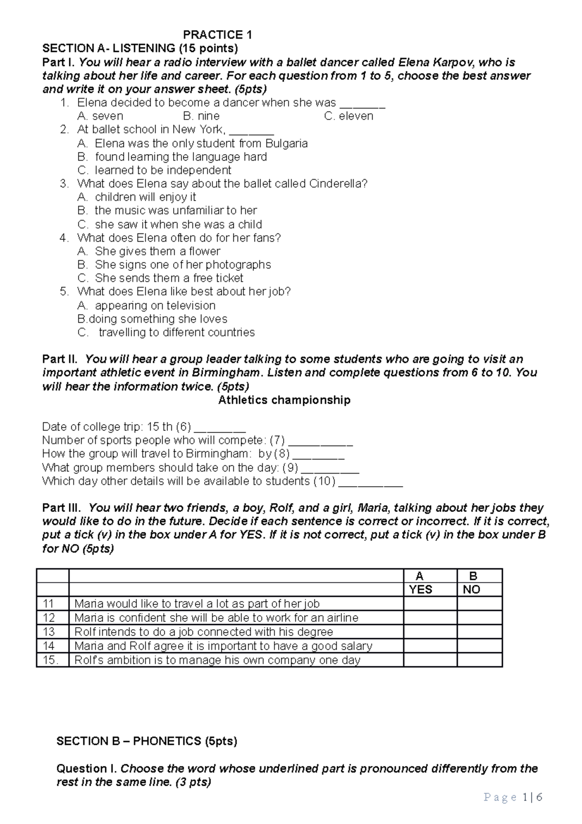 HSG 1 - HSG 1 - PRACTICE 1 SECTION A- LISTENING (15 Points) Part I. You ...