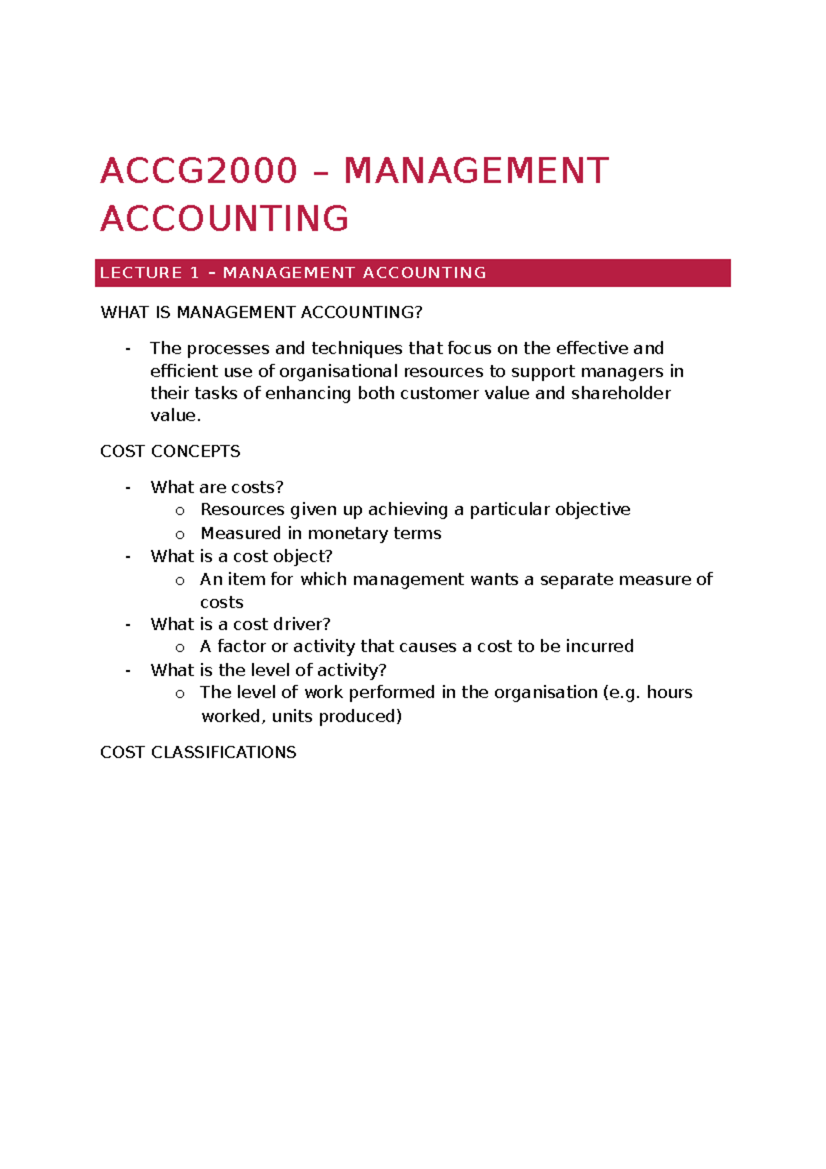 Accg2000 - all sem - ACCG2000 – MANAGEMENT ACCOUNTING LECTURE 1 ...