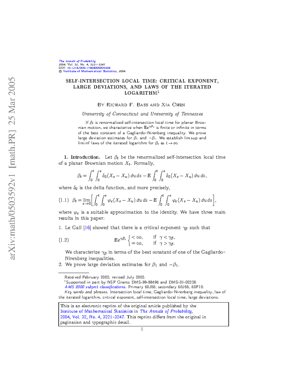 0503592 - Cours - ArXiv:math/0503592v1 [math] 25 Mar 2005 The Annals Of ...