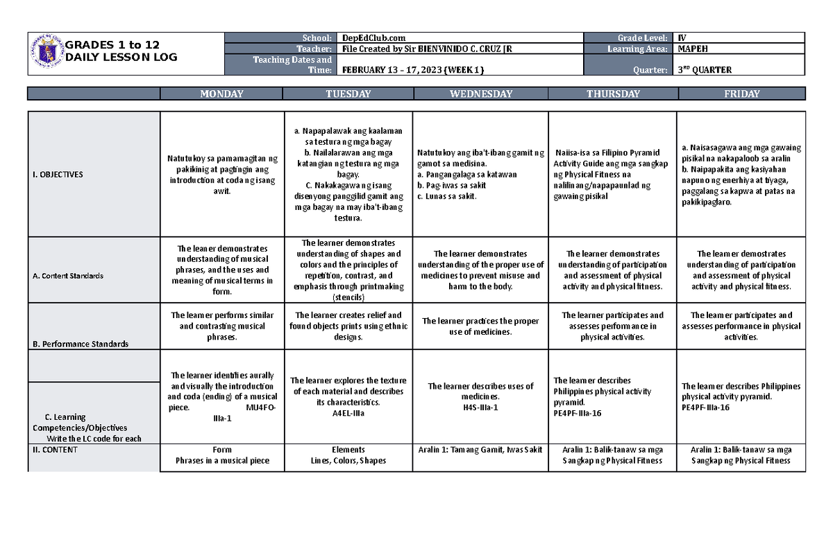 DLL Mapeh 4 Q3 W1 - None - GRADES 1 to 12 DAILY LESSON LOG School ...