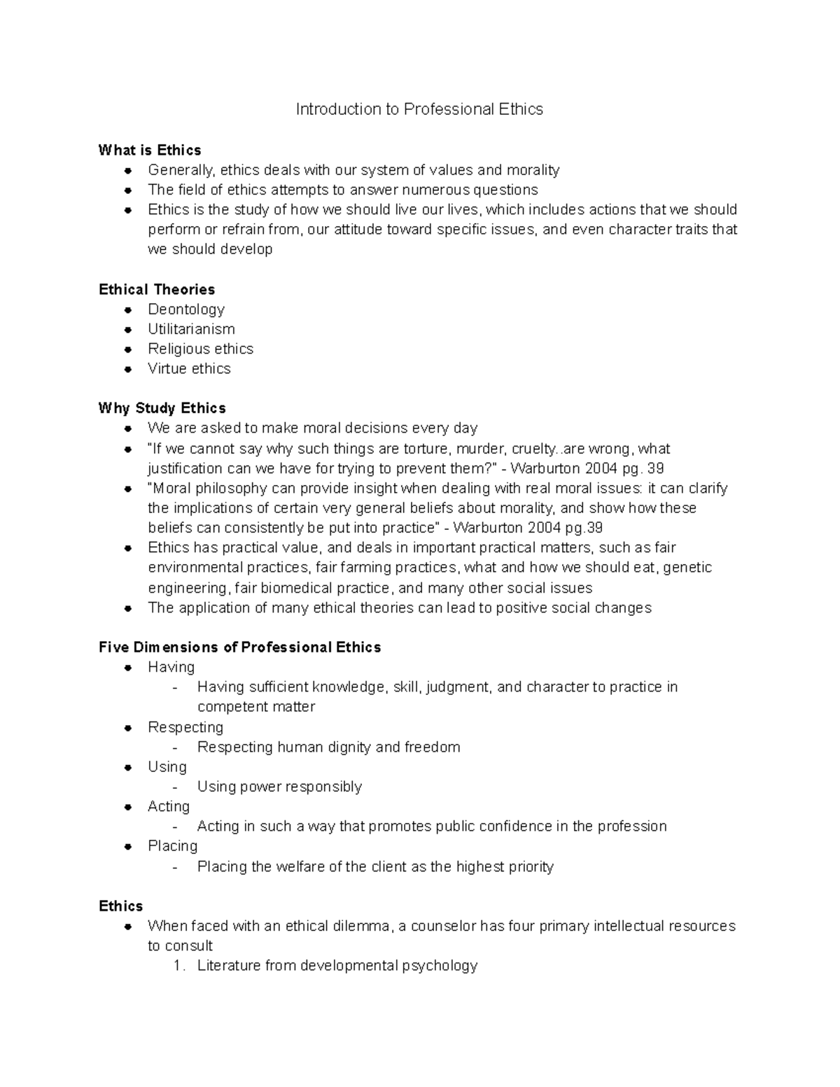 Lecture 1 Notes - Introduction to Professional Ethics What is Ethics ...