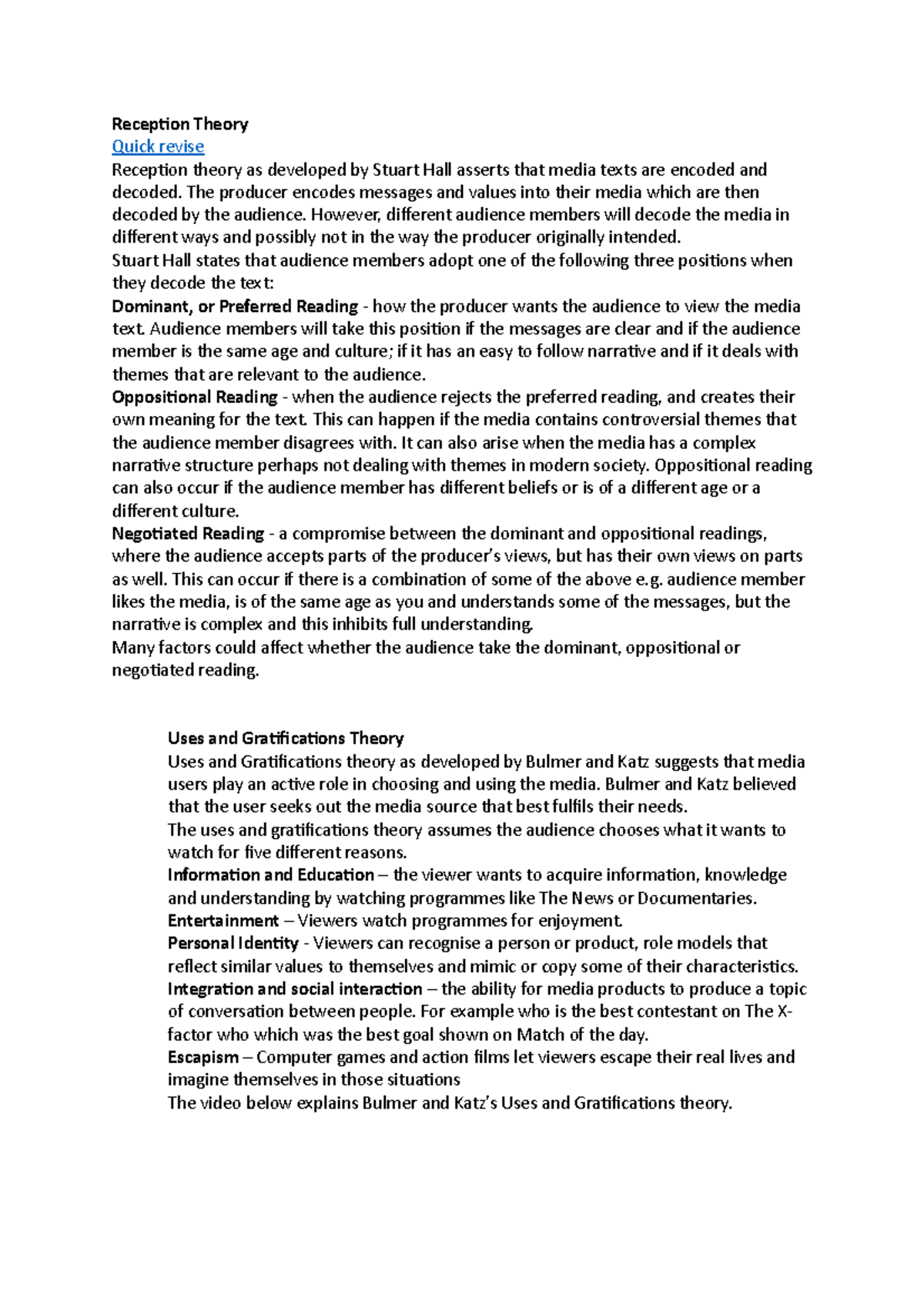 Reception Theory media studies Reception Theory Quick revise