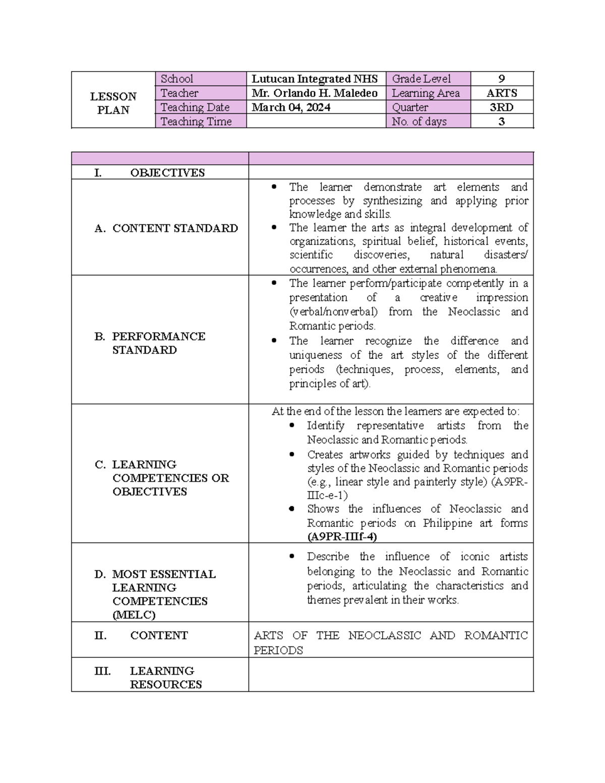 Lesson PLAN ARTS 9 - LESSON PLAN School Lutucan Integrated NHS Grade ...