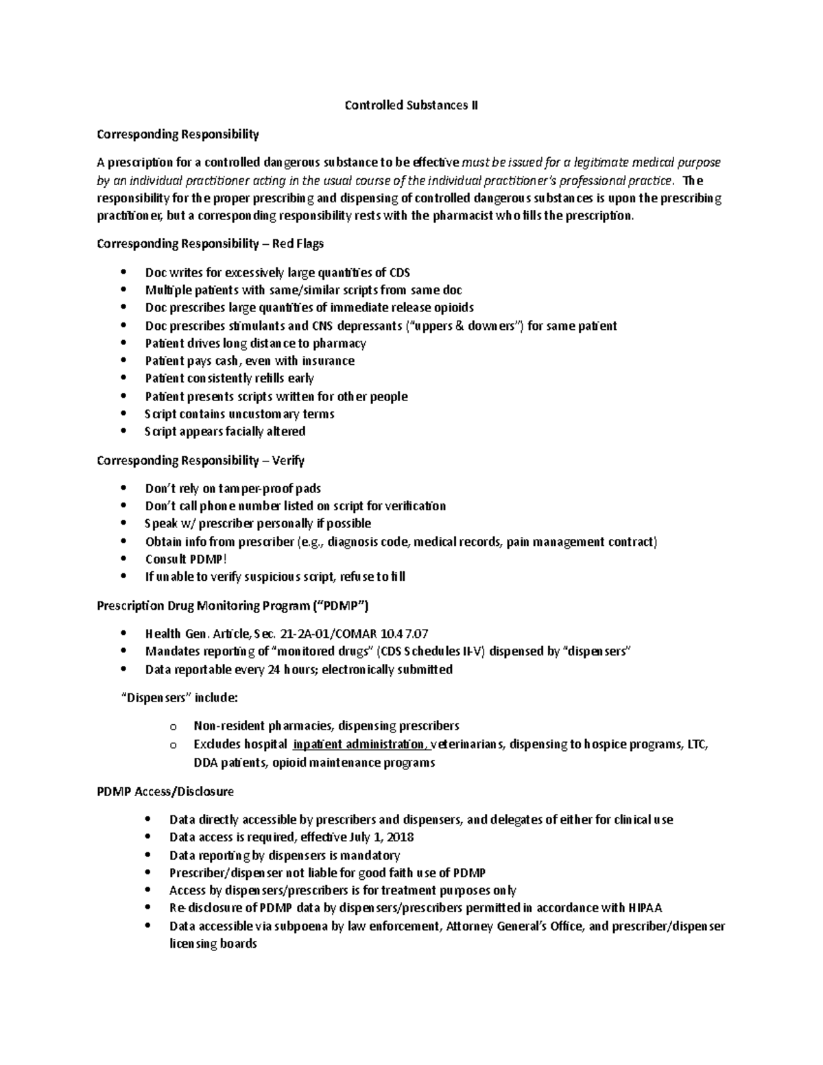 Controlled Substances II notes Controlled Substances II Corresponding