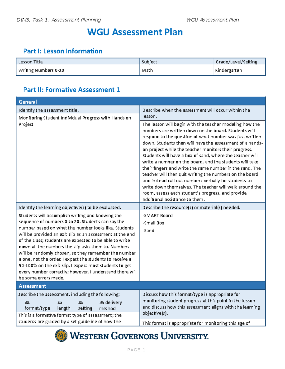 WGU Assessment Plan Task 1- Final - WGU Assessment Plan Part I: Lesson ...